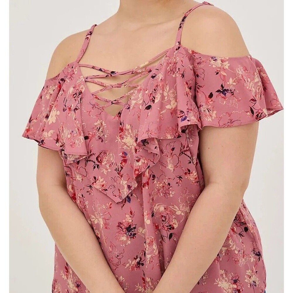Torrid Lace‎ Up Cold Shoulder Blouse Georgette Floral Dusty Rose OX